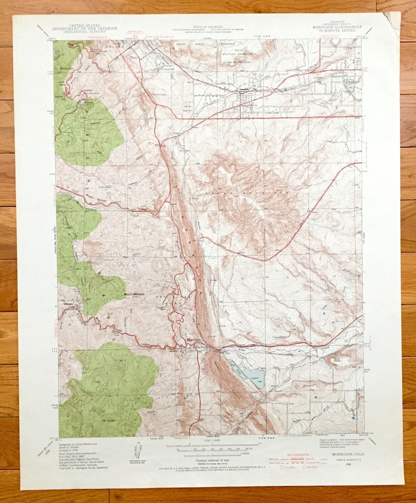 Antique Morrison, Colorado 1938 US Geological Survey Topographic Map – Golden, Idledale, Red Rocks, Jefferson County, Green Mountain