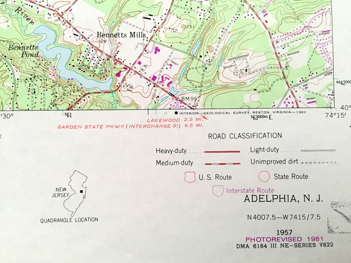 Antique Adelphia, New Jersey 1957 US Geological Survey Topographic Map – Ocean, Monmouth County, Freehold, Manalapan, Howell, Jackson, NJ