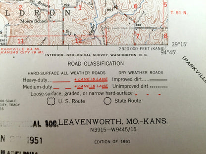 Antique Leavenworth, Kansas & Missouri River 1951 US Geological Survey Topographic Map – Kickapoo, Weston, Fair, Tracy, Platte City, Fort KS