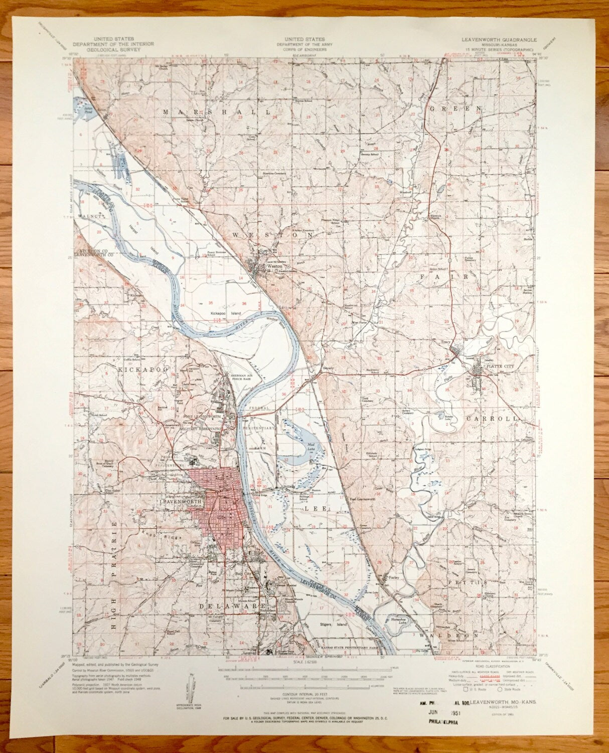 Antique Leavenworth, Kansas & Missouri River 1951 US Geological Survey Topographic Map – Kickapoo, Weston, Fair, Tracy, Platte City, Fort KS