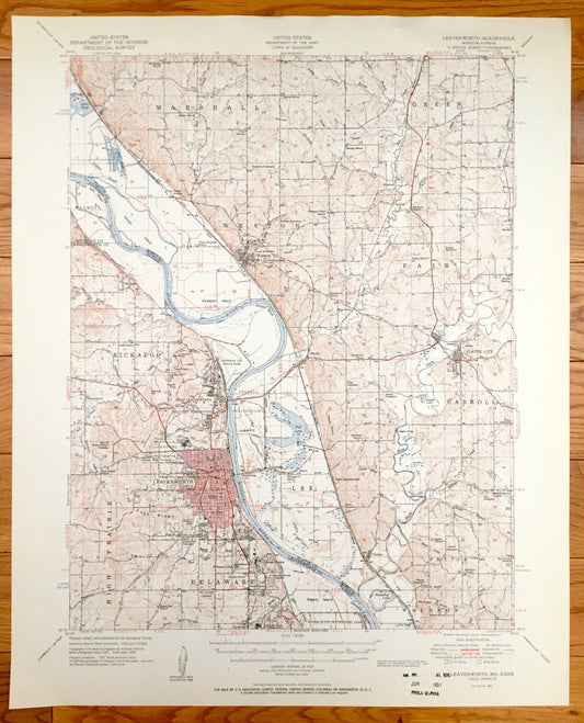 Antique Leavenworth, Kansas & Missouri River 1951 US Geological Survey Topographic Map – Kickapoo, Weston, Fair, Tracy, Platte City, Fort KS