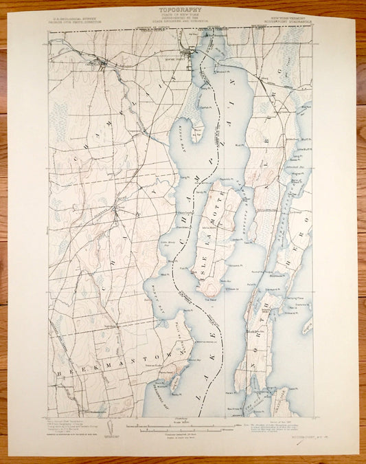 Antique Rouses Point, New York 1907 US Geological Survey Topographic Map – Chazy, Alburg, North Hero Island, Vermont, Lake Champlain NY VT