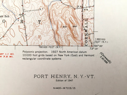 Antique Port Henry, New York 1947 US Geological Survey Topographic Map –  Lake Champlain, Lewis, Essex, Westport, Moriah, Vermont, NY VT