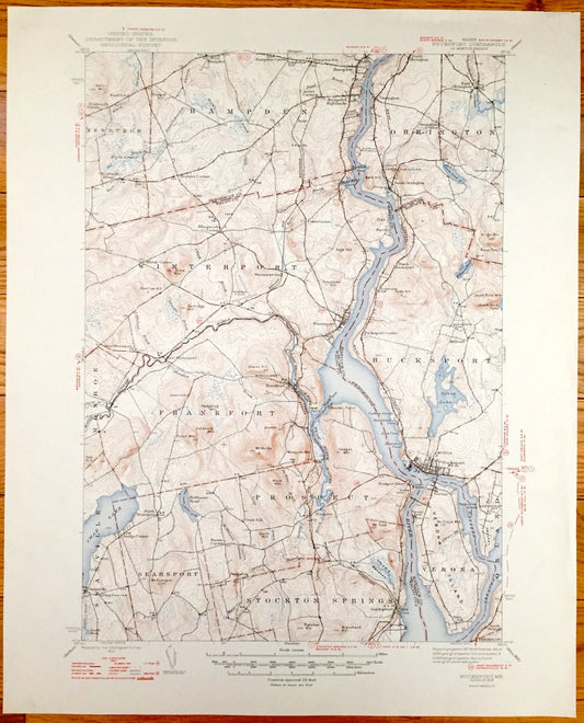 Antique Bucksport, Maine 1927 US Geological Survey Topographic Map – Penobscot River, Newburgh, Hampden, Orrington, Winterport, Waldo County