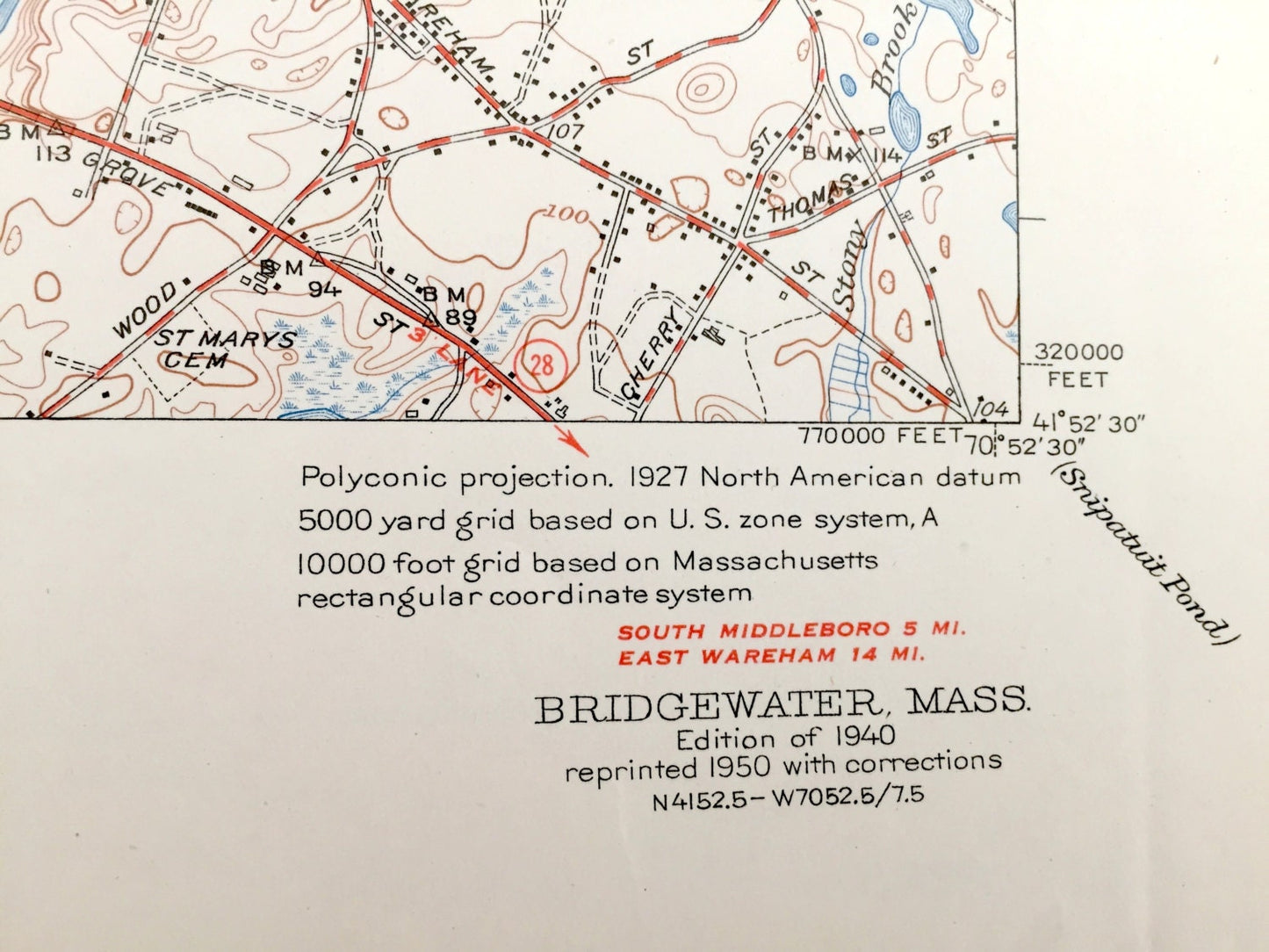 Antique Bridgewater, Massachusetts 1940 US Geological Survey Topographic Map – Middleboro, Halifax, Middleborough, Warrentown, Nemasket, MA