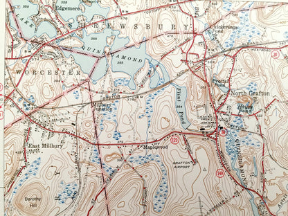 Antique Grafton, Massachusetts 1944 US Geological Survey Topographic Map – Worcester, Westborough, Quinsigamond, Northbridge, Shrewsbury, MA