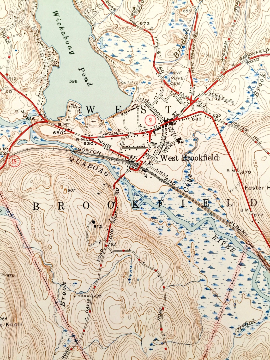 Antique Warren, Massachusetts 1946 US Geological Survey Topographic Map – West Brookfield, Brimfield, Palmer, Sturbridge, Ware, MA