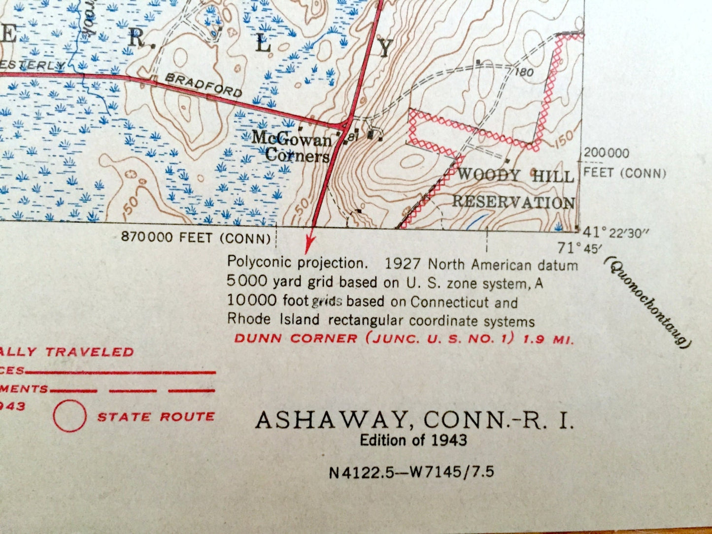 Antique Ashaway, Connecticut 1943 US Geological Survey Topographic Map – North Stonington, Pawcatuck, Westerly, Hopkinton Rhode Island CT RI