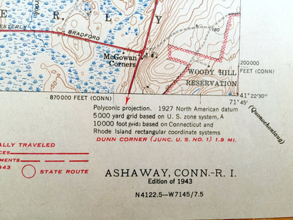 Antique Ashaway, Connecticut 1943 US Geological Survey Topographic Map – North Stonington, Pawcatuck, Westerly, Hopkinton Rhode Island CT RI