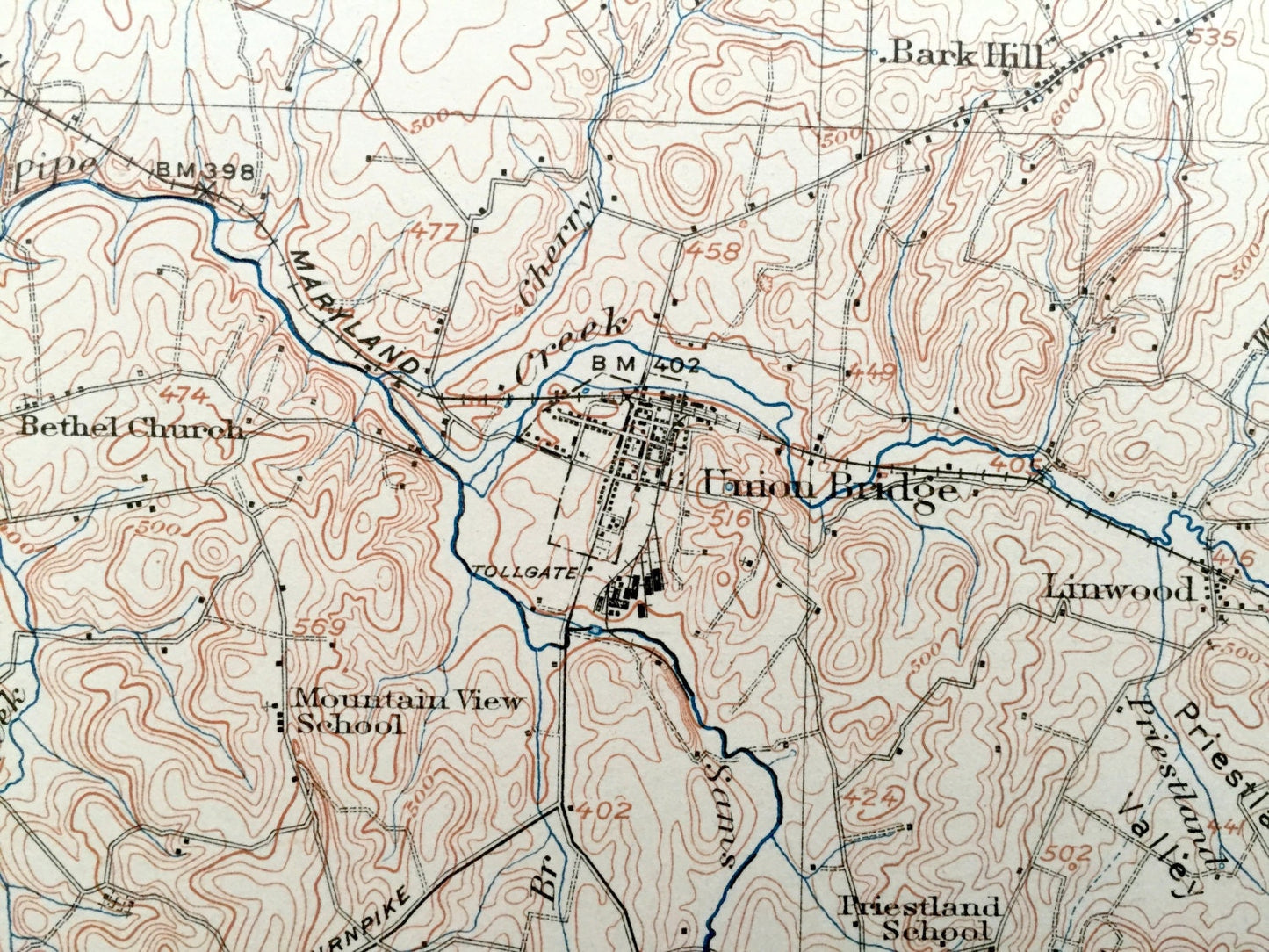 Antique Taneytown, Maryland 1911 US Geological Survey Topographic Map - Carroll County, Frederick County, Union Bridge, Westminster, Adams