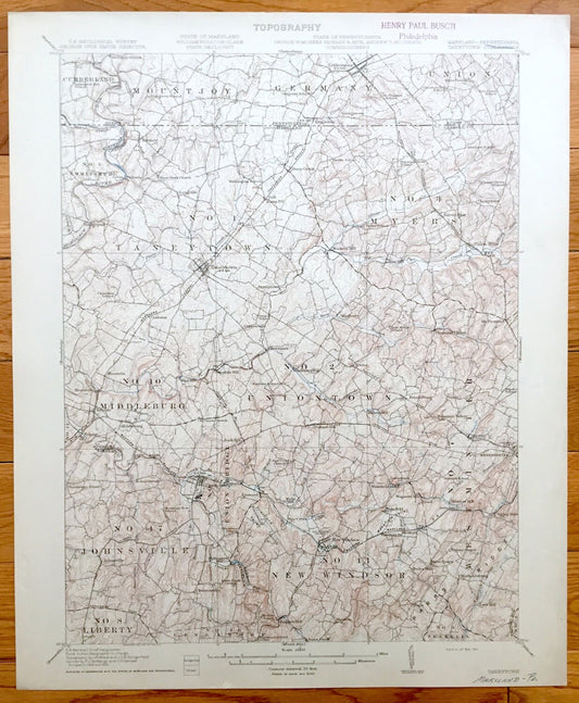 Antique Taneytown, Maryland 1911 US Geological Survey Topographic Map – Carroll, Frederick County, Union Bridge, Westminster, Adams, MD