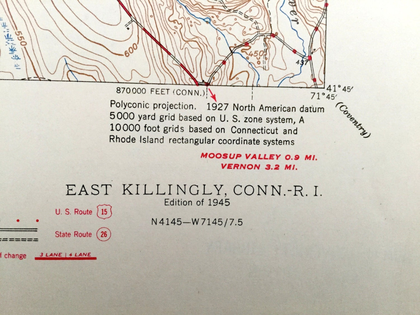 Antique Killingly, Connecticut 1945 US Geological Survey Topographic Map – Plainfield, Sterling, Gloucester, Foster, Rhode Island, CT RI