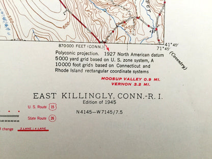 Antique Killingly, Connecticut 1945 US Geological Survey Topographic Map – Plainfield, Sterling, Gloucester, Foster, Rhode Island, CT RI