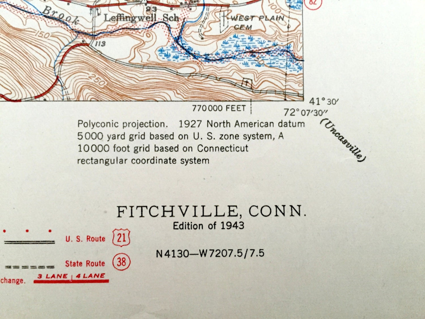 Antique Fitchville, Connecticut 1943 US Geological Survey Topographic Map – Colchester, Lebanon, Franklin, Bozrah, Salem, Yantic River, CT