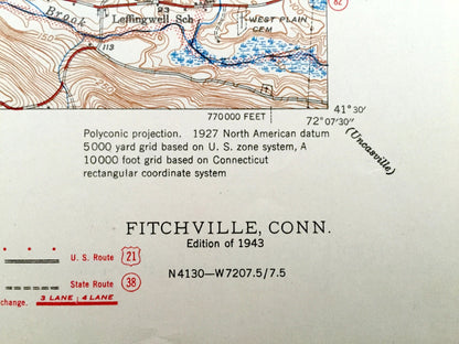Antique Fitchville, Connecticut 1943 US Geological Survey Topographic Map – Colchester, Lebanon, Franklin, Bozrah, Salem, Yantic River, CT