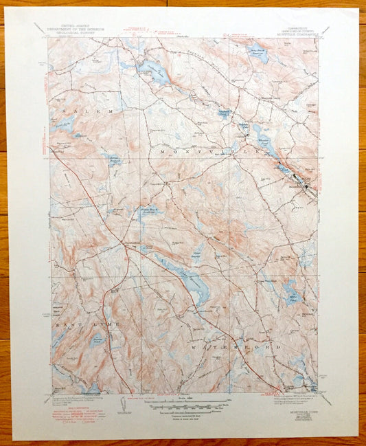 Antique Montville, Connecticut 1939 US Geological Survey Topographic Map – Salem, East Lyme, Waterford, Chesterfield, New London County, CT