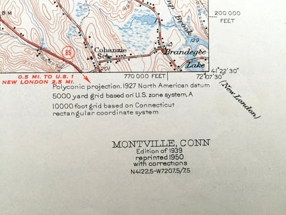 Antique Montville, Connecticut 1939 US Geological Survey Topographic Map – Salem, East Lyme, Waterford, Chesterfield, New London County, CT