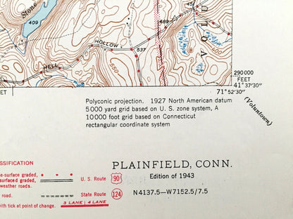 Antique Plainfield, Connecticut 1943 US Geological Survey Topographic Map – Griswold, Lisbon, Brooklyn, Canterbury, Moosup, Voluntown, CT