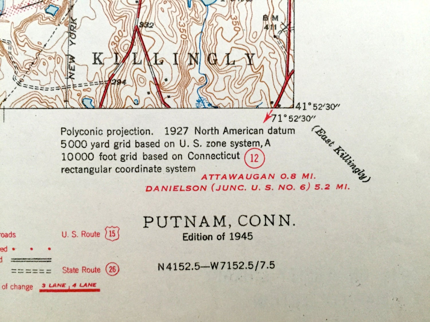 Antique Putnam, Connecticut 1945 US Geological Survey Topographic Map – Pomfret, Thompson, Woodstock, Grosvenor Dale, Wappaquassett, CT