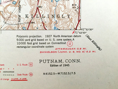 Antique Putnam, Connecticut 1945 US Geological Survey Topographic Map – Pomfret, Thompson, Woodstock, Grosvenor Dale, Wappaquassett, CT