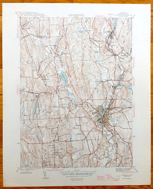 Antique Putnam, Connecticut 1945 US Geological Survey Topographic Map – Pomfret, Thompson, Woodstock, Grosvenor Dale, Wappaquassett, CT