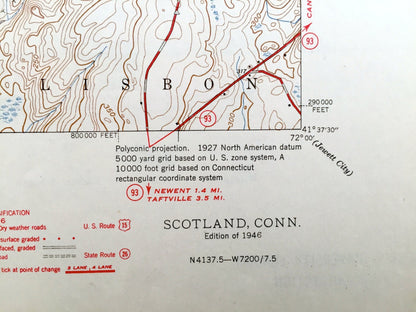 Antique Scotland, Connecticut 1946 US Geological Survey Topographic Map – Shetucket River, Windham County, Canterbury, Sprague, Lisbon, CT