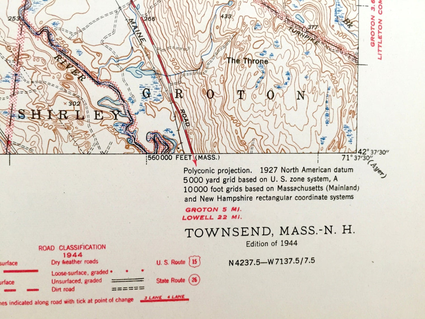 Antique Townsend, Massachusetts 1944 US Geological Survey Topographic Map – Shirley, Pepperell, Groton & Mason, Brookline, New Hampshire, MA