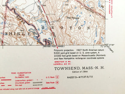 Antique Townsend, Massachusetts 1944 US Geological Survey Topographic Map – Shirley, Pepperell, Groton & Mason, Brookline, New Hampshire, MA