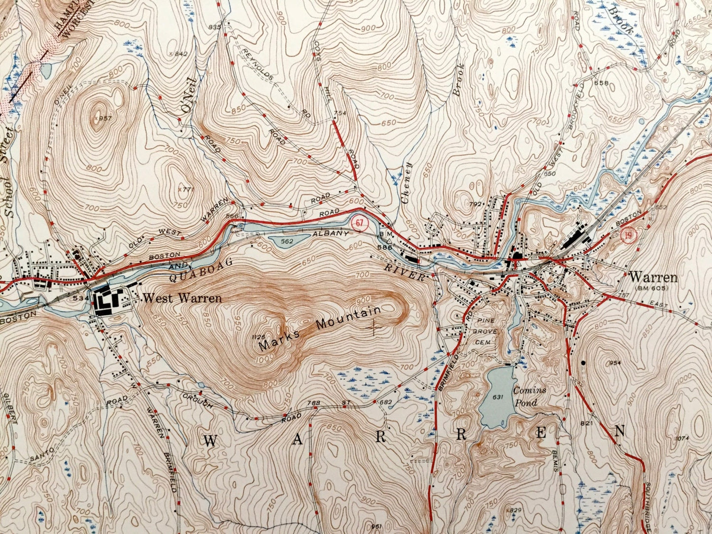 Antique Warren, Massachusetts 1946 US Geological Survey Topographic Map – West Brookfield, Brimfield, Palmer, Sturbridge, Ware, MA