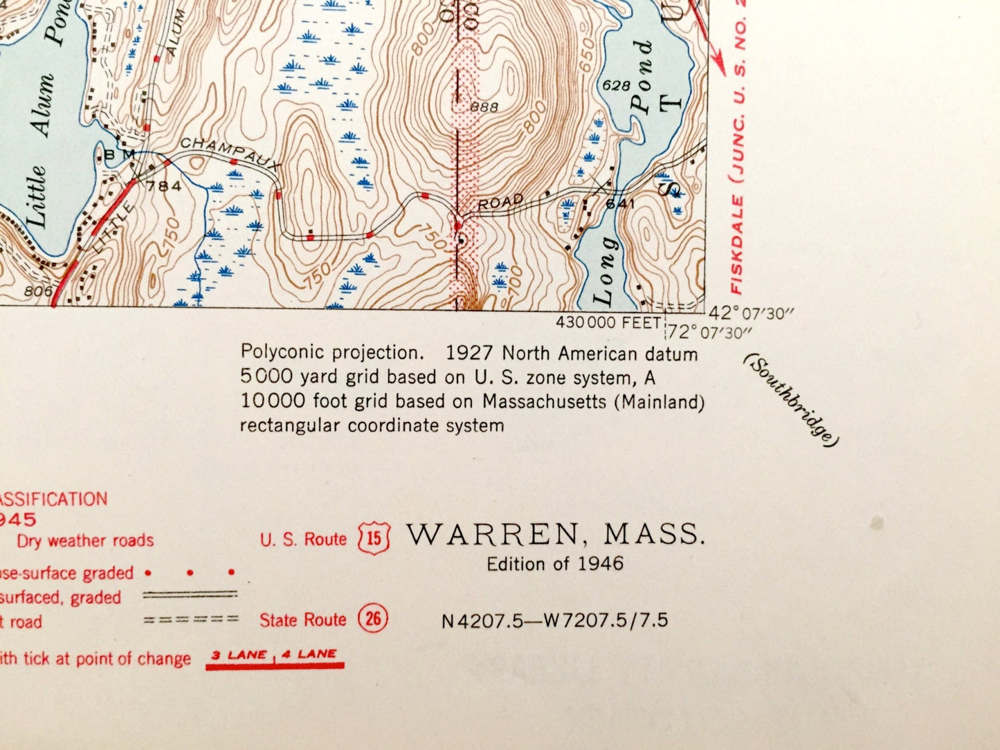 Antique Warren, Massachusetts 1946 US Geological Survey Topographic Map – West Brookfield, Brimfield, Palmer, Sturbridge, Ware, MA