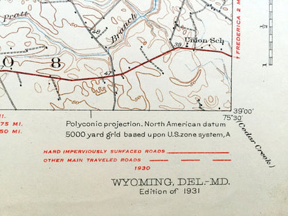 Antique Dover, Delaware 1931 US Geological Survey Topographic Map – Wyoming, Chapletown, Marydel, Person, Hartly, Kenton, Dupont, DE MD
