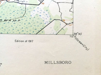 Antique Millsboro, Delaware 1917 US Geological Survey Topographic Map – Georgetown, Hardscrabble, Stockley, Mission, Phillips Hill, DE