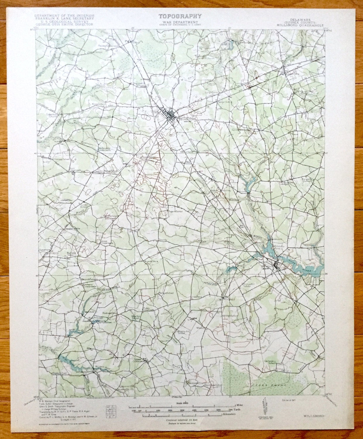 Antique Millsboro, Delaware 1917 US Geological Survey Topographic Map – Georgetown, Hardscrabble, Stockley, Mission, Phillips Hill, DE