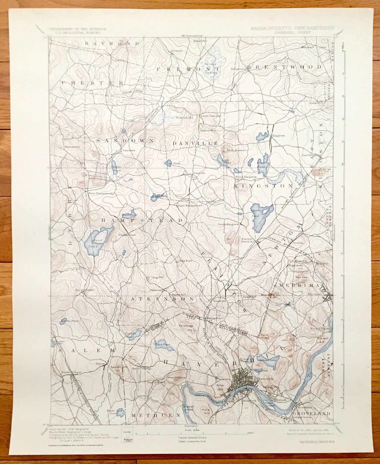 Antique Haverhill, Massachusetts 1893 US Geological Survey Topographic Map – Merrimac, Methuen, Groveland, Rockingham County, New Hampshire