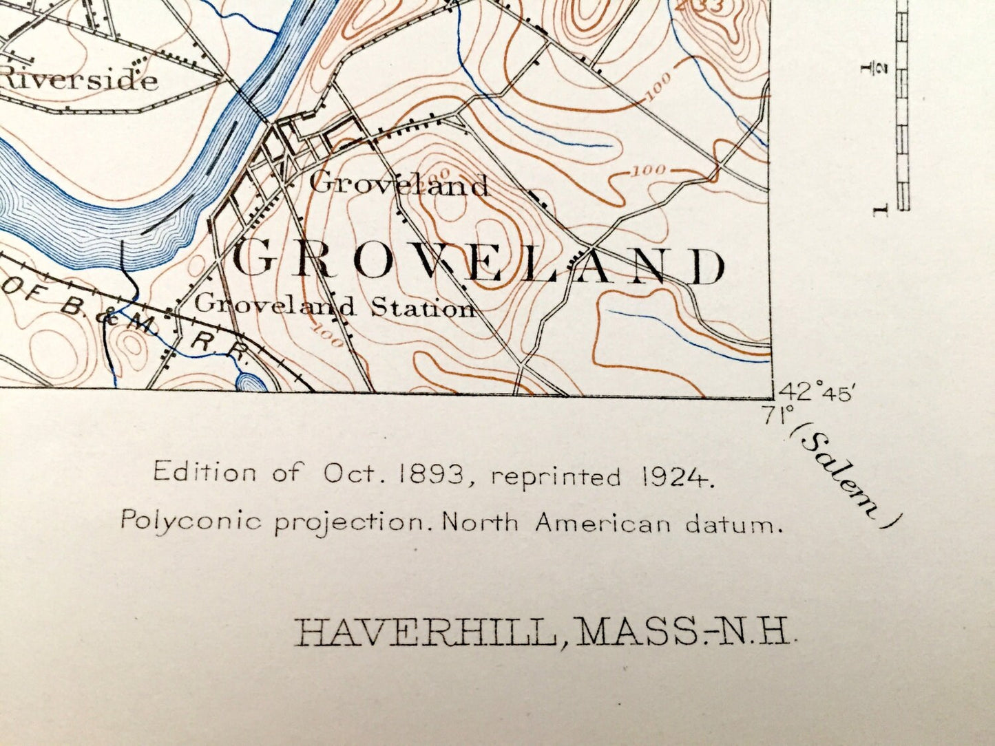 Antique Haverhill, Massachusetts 1893 US Geological Survey Topographic Map – Merrimac, Methuen, Groveland, Rockingham County, New Hampshire