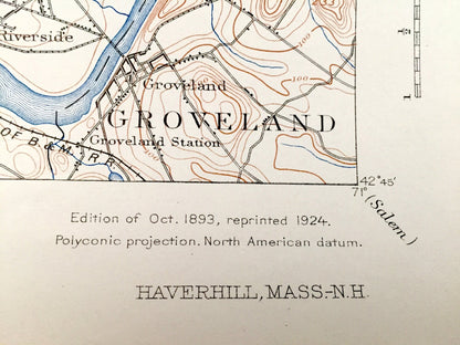 Antique Haverhill, Massachusetts 1893 US Geological Survey Topographic Map – Merrimac, Methuen, Groveland, Rockingham County, New Hampshire