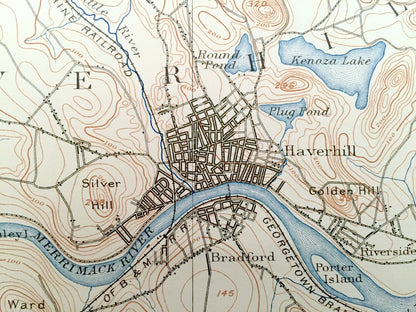 Antique Haverhill, Massachusetts 1893 US Geological Survey Topographic Map – Merrimac, Methuen, Groveland, Rockingham County, New Hampshire