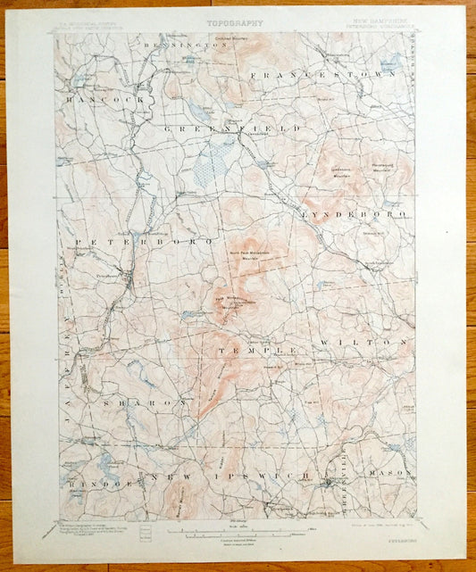 Antique Peterborough, New Hampshire 1900 US Geological Survey Topograph Map – Hancock, Greenfield, Greenville Francestown Mount Monadnock NH