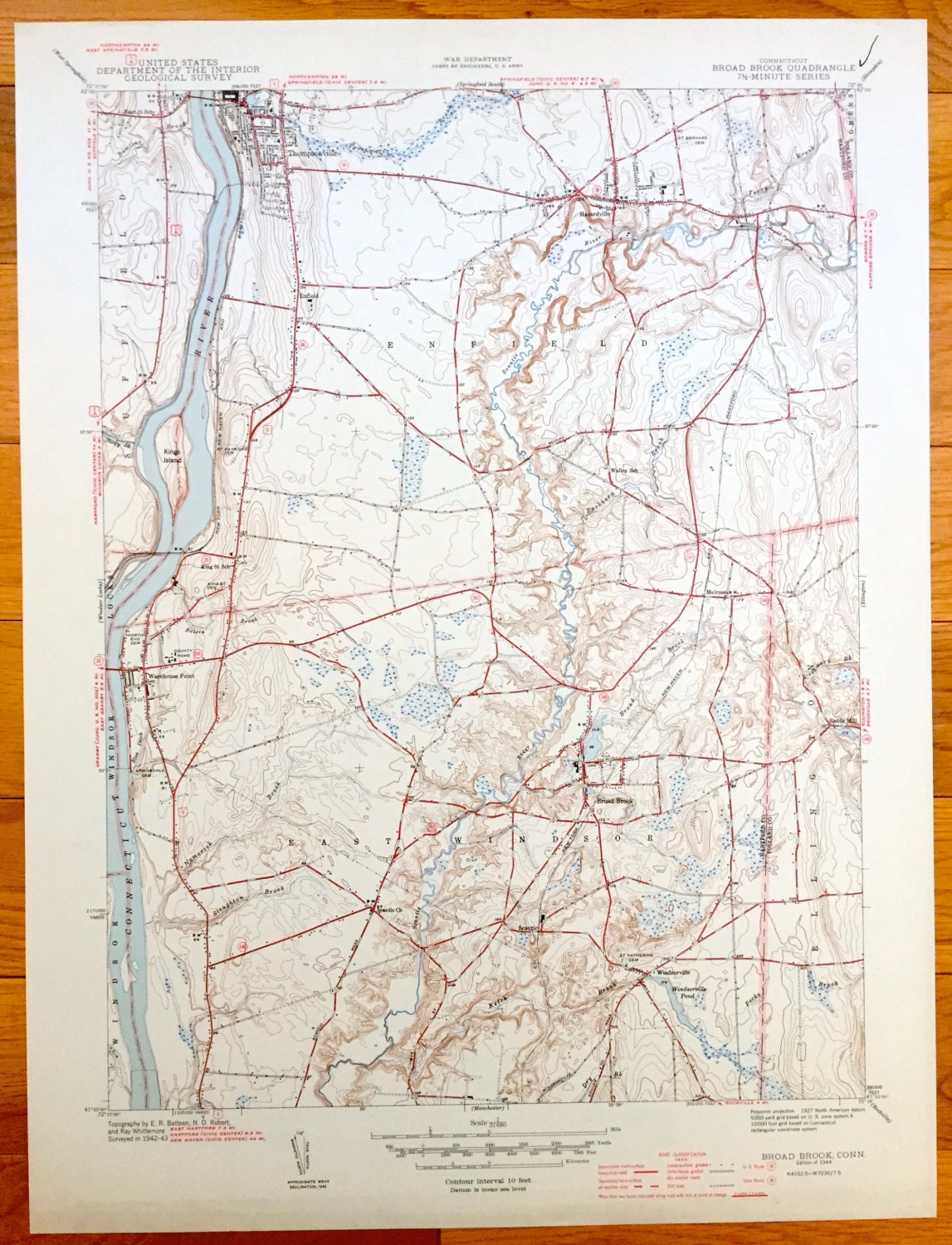 Antique Enfield, Connecticut 1944 US Geological Survey Topographic Map – Broad Brook, East Windsor, Ellington, Thompsonville, Suffield, CT