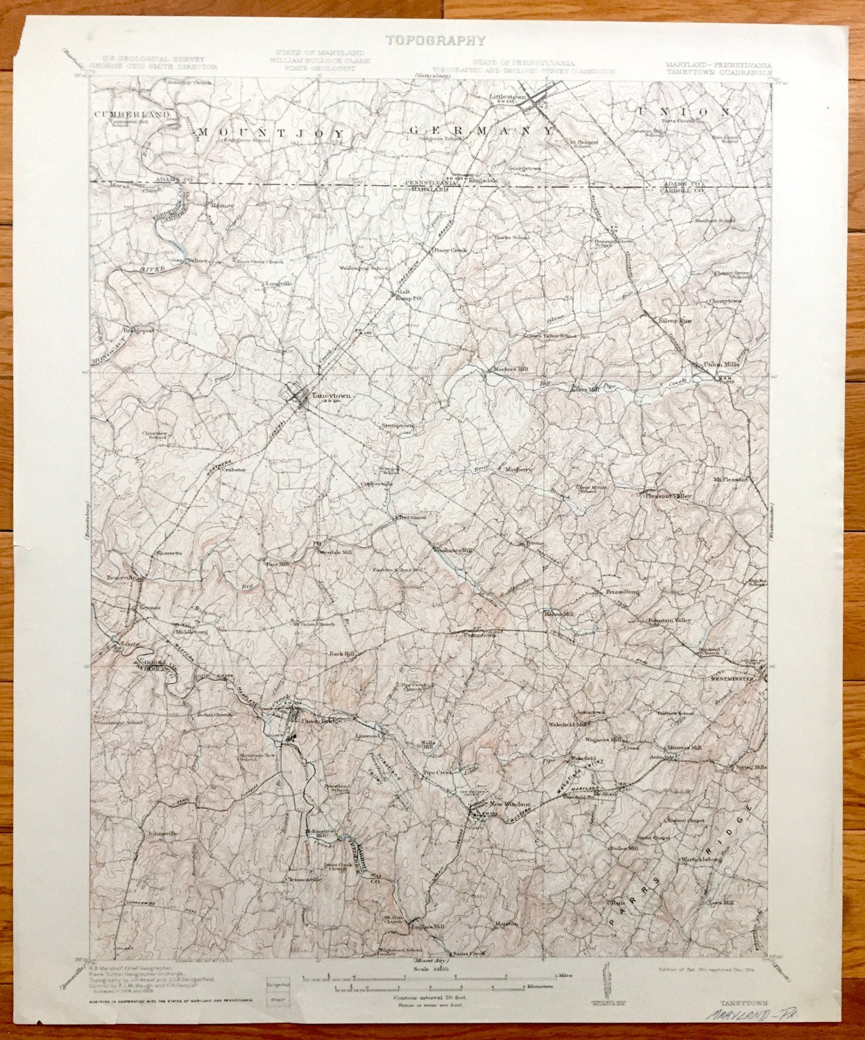 Antique Taneytown, Maryland 1911 US Geological Survey Topographic Map - Carroll County, Frederick County, Union Bridge, Westminster, Adams
