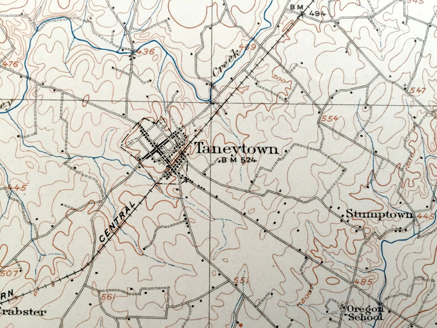 Antique Taneytown, Maryland 1911 US Geological Survey Topographic Map - Carroll County, Frederick County, Union Bridge, Westminster, Adams