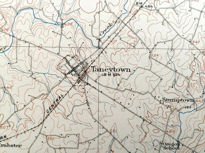 Antique Taneytown, Maryland 1911 US Geological Survey Topographic Map - Carroll County, Frederick County, Union Bridge, Westminster, Adams