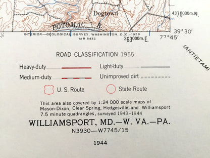 Antique Williamsport, Maryland 1944 US Geological Survey Topographic Map – Halfway, Clear Spring, Hedgesville West Virginia Potomac River MD