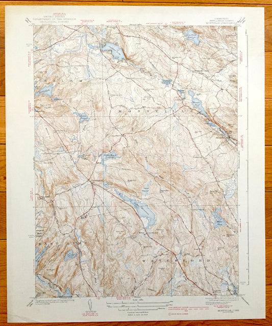 Antique Montville, Connecticut 1939 US Geological Survey Topographic Map – Salem, Waterford, East Lyme, Berlin, New London County, CT