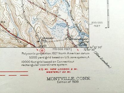 Antique Montville, Connecticut 1939 US Geological Survey Topographic Map – Salem, Waterford, East Lyme, Berlin, New London County, CT