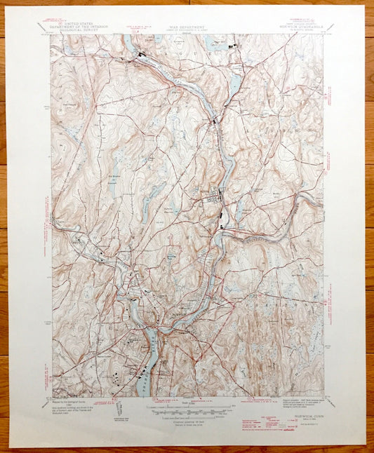 Antique Norwich, Connecticut 1946 US Geological Survey Topographic Map – New London County, Willimantic Preston, Lisbon, Sprague Franklin CT