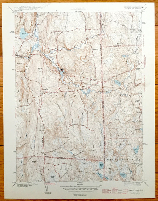 Antique Oneco, Connecticut 1944 US Geological Survey Topographic Map – Sterling, Voluntown, Almyville, Plainfield, Coventry, Rhode Island CT