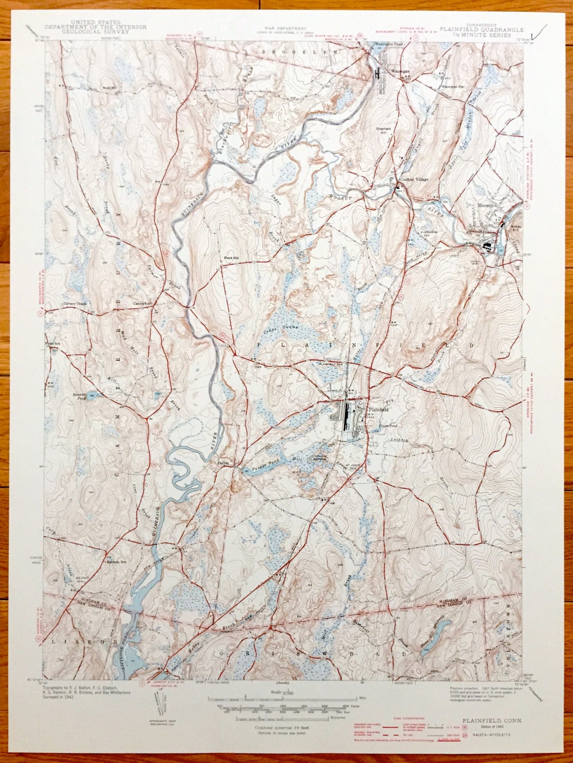 Antique Plainfield, Connecticut 1943 US Geological Survey Topographic Map – Griswold, Lisbon, Brooklyn, Canterbury, Moosup, Voluntown, CT