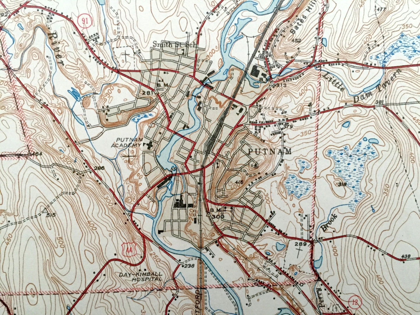 Antique Putnam, Connecticut 1945 US Geological Survey Topographic Map – Pomfret, Thompson, Woodstock, Grosvenor Dale, Wappaquassett, CT