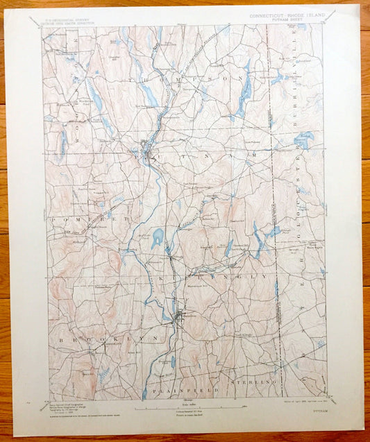 Antique Putnam, Connecticut 1893 US Geological Survey Topographic Map – Pomfret, Thompson, Danielson, Killingly, Glocester, Rhode Island CT